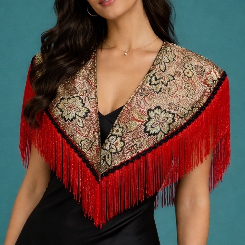 Vtg CHRISTINE brocade fringe beaded Sequin Flapper Performance Capelet